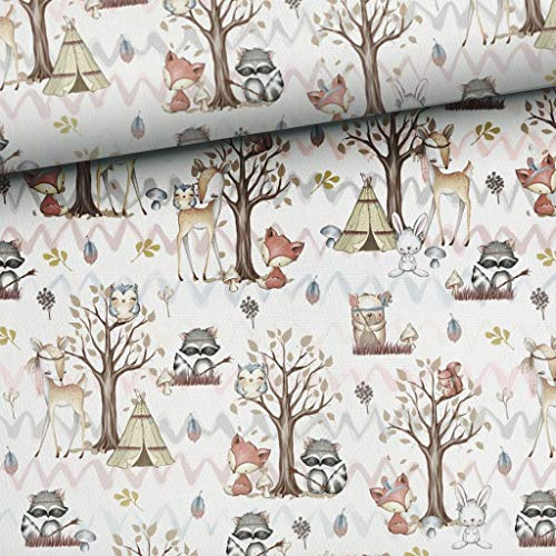 je 50x165cm Baby Waldtiere French Terry Stoff in Meterware - Babystoffe & Kinderstoffe aus 95% Baumwolle - Stoffe zum Nähen für Kinder - Tiere Sommersweat Fuchs Hase Reh Eule - Waldfreunde Sweat