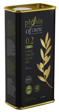 Physis of Crete 0.2 Olivenöl Extra Vergine aus Kreta, Griechisches Olivenöl, Koroneiki, Kaltgepresst, Erste Pressung, Niedrige Säure 0,2%, Handgepflückt, 5 L | Koroneiki, Kaltgepresst, Erste Pressung, Niedrige Säure 0,2%, Handgepflückt, mehrfach prämiert, fruchtig-aromatisch