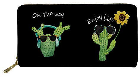 HUGS IDEA Outdoor Trip Wallet, Desert Green Plant Cactus Leather Storage Handbags Multi-Cards Holder