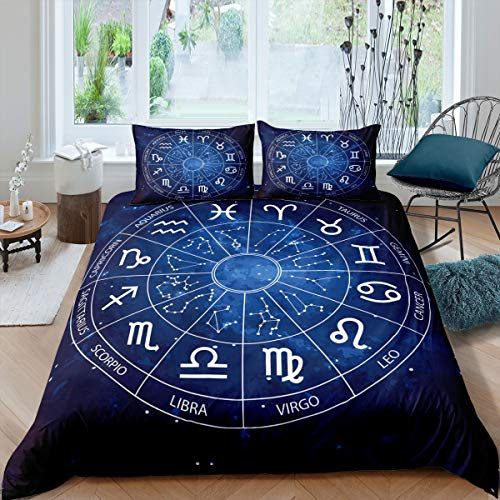 Loussiesd 3D Galaxie Bettwäsche Set Sternbild Uhr Blau Bettbezug Set Kinder Jungen Mädchen 200x200 cm Microfaser Betten Set mit Reißverschluss und 2 Kissenbezug 80x80 cm