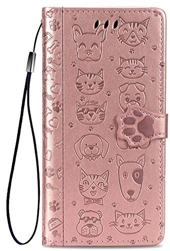 Fertuo Hülle für Samsung Galaxy M21, Handyhülle Leder Flip Case Tasche mit Kartenfach, Magnet und Standfunktion [Katze Hund Muster] Schutzhülle Cover für Galaxy M21, Rosegold