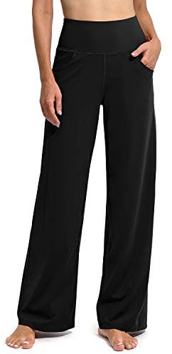 G4Free Yoga Hose Damen Weites Bein Hohe Taille Yogahose mit Taschen Jogginghose Strecken Locker lässig Sporthose(Regular,Schwarz,XXL)