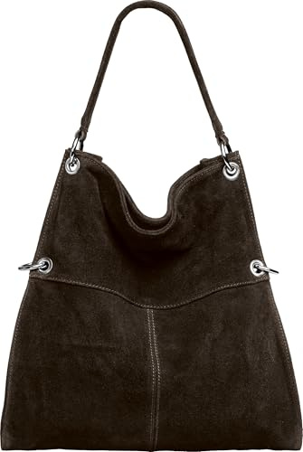 Caspar Große Vintage Leder Schultertasche Damen Handtasche aus weichem Wildleder - PREMIUM LINE - Modell No.805 - Made in Italy, Farbe:dunkelbraun, Größe:One Size