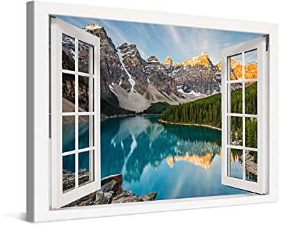 PICANOVA – Bild auf Leinwand Bergsee Moraine Fenster 120x80cm Leinwandbild – Premium Leinwanddruck – Wandbild Kunstdruck Auf 2cm Holz-Keilrahmen Wohnzimmer Wanddekoration – Berge