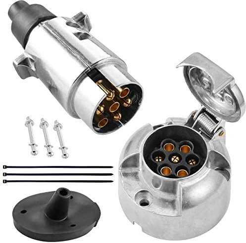 SPARKMOTO Metallo Spina Rimorchio 7 Poli E Metallo Presa Rimorchio 7 Poli, 12V Spina E Presa Rimorchio 7 Poli Alluminio Maschio e Femmina,con Guarnizione Kit isolante per prese Rimorchio(Alluminio A)