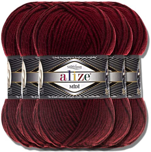 Alize 5 x 100g Superlana Midi Türkische Premium Wolle Baumwolle und Acryl Uni Handstrickgarne | Yarn | Garn | Strickgarn Einfarbig Baby zum Häkeln Stricken Kleidung Schals (Bordeaux | 57)