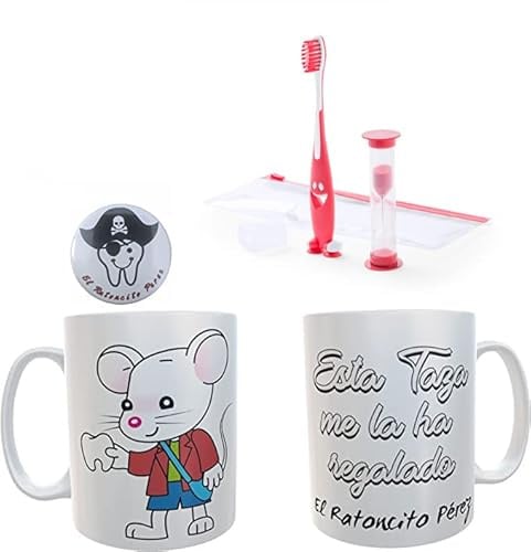 Frühstückstasse-Set mit Maus und lustigem Blech, Perlmutt + Zahnbürste - Geschenk für Mäuse, Mädchen (Rot)