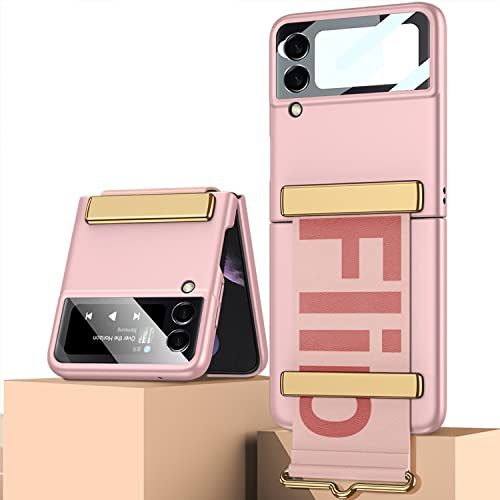 COQUE Étui pour Galaxy Z Flip 4 5G, de téléphone Tout Compris avec Support vidéo pour Bracelet, de téléphone Pliable pour Samsung Galaxy Z Flip 4 5G-Rose