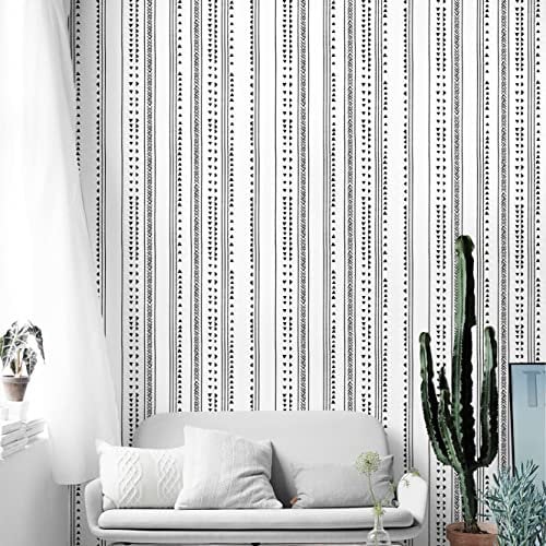 FENTIS Self Adhesive Wallpaper for Bedroom White and Black Geometric Peel and Stick Contact Paper Striped Sticky Back Plastic Roll for Kitchen Bathroom 44.5x500cm