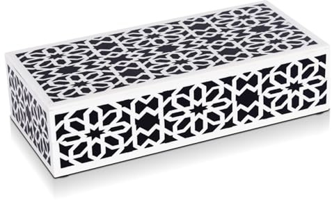 Handicrafts Home Large Decorative Storage Box with Lid, Black White Persian Shiraz Mosaic Storage Box, Islamic Floral Geometry Remote Control Holder for Coffee Table & Console Decor, Shiraz 12x6x2