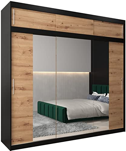 MEBLE KRYSPOL Kleiderschrank mit Spiegel Tokyo 2 - Garderobenschrank - Schrank Schlafzimmer - Mehrzweckschrank DREI Schiebetüren - Regalen - Flur Möbel - Kleiderstange Schrank - Allzweckschrank