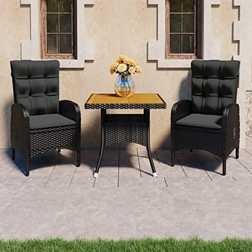 Tidyard 3-Teiliges Gartenmöbel Set, Balkonmöbel Set, Tisch mit Holz-Tischplatte & 2 Verstellbare Hochlehner-stühle, Balkonlounge, Schwarz Poly Rattan