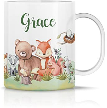 iCaseDesigner Personalised Childrens Mug - Unbreakable Lightweight Polymer - Add Your Own Name - Woodland Animals