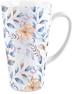 Purely Home Watercolour Flowers Tall Latte Mug - Ceramic Painted Blue & Orange Floral Coffee Present Gift
