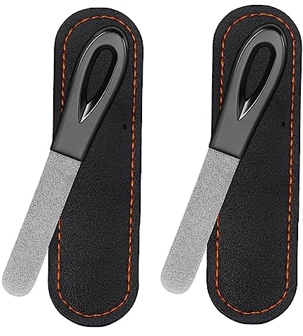 Lima de uñas de metal, limas de uñas de acero inoxidable, lima de uñas de grano de doble cara con fundas de cuero y mango antideslizante (paquete de 2 limas de bronce de 3.6 pulgadas con fundas de