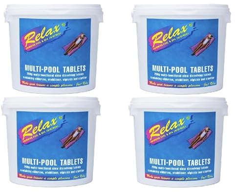 20kg Relax Large 200g Multi Function Chlorine Tablets - Swimming Pool Sanitiser - with added Algaecide & Clarifier (4 x 5kg) Tubs