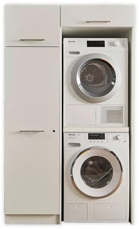 LAUNDREEZY Waschmaschinenschrank für Trockner und Waschmaschine, Mehrzweckschrank und Schrankaufsatz, Weiß - Praktischer Waschmaschinen-Überbauschrank - 117,5 x 200 x 67,5 cm (B/H/T)