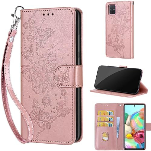 Handyhülle für Samsung Galaxy A71 Hülle, Tasche Stoßfeste Magnetische Handyhülle mit [Kartenfach] [Standfunktion] Lederhülle Handyhülle kompatibel Samsung Galaxy A71 Roségold