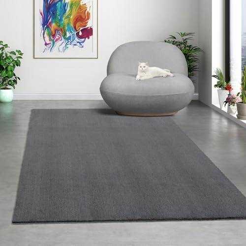 Mia's Teppiche Comfort Moderner Flauschiger Kurzflor Teppich, Anti-Rutsch Unterseite, Waschbar bis 30 Grad, Super Soft, Felloptik, Anthrazit, 160 x 220 cm