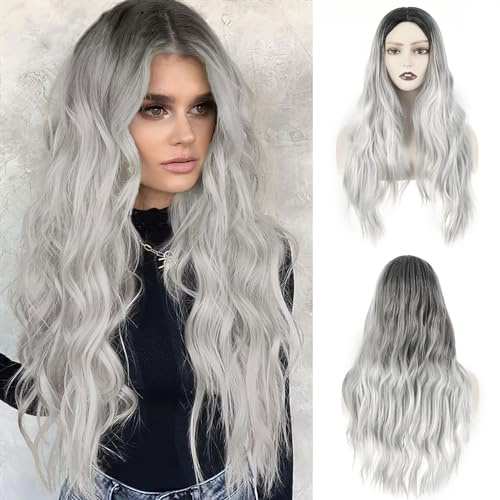 VOSSOT Langhaarperücke für Damen, Grau, Silber, elegant und bequem, Ombré, 26 Zoll