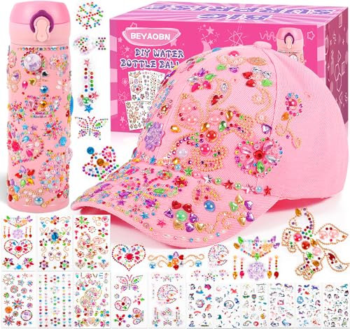 Frasheng Geschenke für Mädchen DIY Wasserflasche und Baseballkappe, Bastelset Kinder Trinkflasche mit Edelstein Aufklebern Glitzer Einhorn Aufkleber, Mädchen Geburtstag Geschenke 4-12 Jahre Basteln