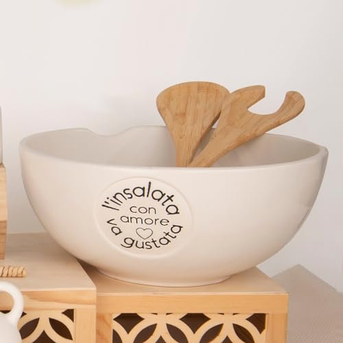 Doni Bomboniere Boda Ensaladera Con Cubiertos De Madera Útiles Originales Aniversario Frases Colección Amigos Cocina Cuenco Y Escrito La Ensalada Va Gustata Amor Ideas De Regalo Completas Económicas