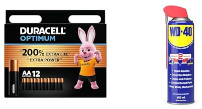 Duracell Optimum AA Batteries - Alkaline Batteries 1.5V - Up To 200% Extra Life or Extra Power & WD-40 Multi-Use Smart Straw 450ml Spray Aerosol Can Clean Rust Lubricant, blue