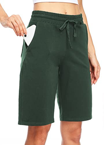 WILLIT Pantaloncini da donna in cotone, pantaloni lunghi da yoga, lunghezza al ginocchio, per allenamento estivo, 10, con tasche, verde oliva, L