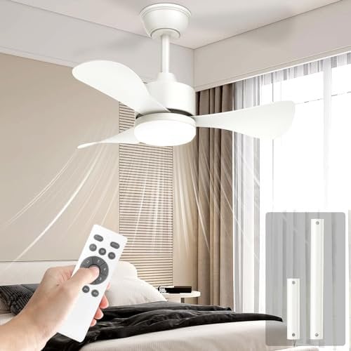 Airwit 71cm Ventilador de Techo con Luz y Mando a Distancia, Silencioso Lampara Ventilador Techo, Pequeno 3 Aspas Luz LED para Dormitorio, Salon, Reversible Motor DC, 6 Velocidades
