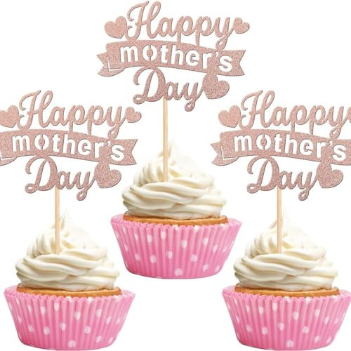 Totelux Tortenaufsatz Happy Mother's Day, glitzernde Cupcake-Topper mit Herz-Design, Roségold, für Muttertag, Geburtstag, Party, Kuchendekoration, 10 Stück