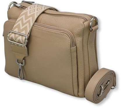 ADEL Umhängetasche Damen Echtes Leder Becky Handgemachte Crossbody Bag 5 Fächer Schultertasche mit Ledergurt + Breitem Gemustertem Riemen Verstellbarer Gurt Made in Italy (Taupe)