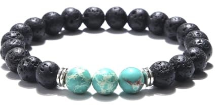 KIM JOHANSON® Damen Naturstein Armband *Chakra* mit Onyx, Jaspis & Lavastein I Perlenarmband mit echten 8mm Edelsteinen I Elastisches Kugelarmband I Handgemacht I Wasserfest I Inkl. Schmuckbeutel