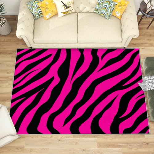 Teppich Zebramuster - Teppich Wohnzimmer Schlafzimmer Hot Pink Schwarz, Großer Teppich Tiermuster, Weich Kurzflor & Waschbar & rutschfest Wohnzimmerteppich, Kinderteppich, Bettvorleger 120x170 cm