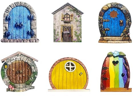 BLLREMIPSUR 6pcs Miniature Wooden Fairy Tree Door Decorations, Elves Door Miniature Fairy Decorations Yard Art Sculpture Garden Ornaments