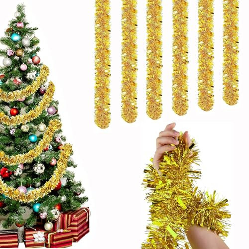 CLHXWU 6 Pcs Ghirlanda Natalizia,12m Natale Tinsel Ghirlanda Oro,Ghirlanda Albero Argento di Natale,Festoni Albero di Natale Decorazioni Natalizie per Interni dd Esterni (Oro)