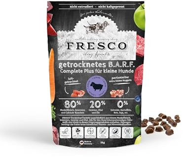 Fresco Trockenbarf Complete Plus Pute | 1 kg | Trockenbarf für Kleine Hunde | Bestehend aus reinem Muskelfleisch, Innereien und Calcium-Knochen von der Pute sowie Obst, Gemüse und Öl