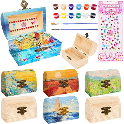 Amentalove 6 Stück Mini Schatztruhe Holz, Mini Schatzkiste mit Deckel 9 * 5.2 * 6.3cm, Klein Schatzkiste Holz, Schatztruhe Kindergeburtstag Schatzkiste Kinder für DIY Bemalen Piratenparty Geburtstags