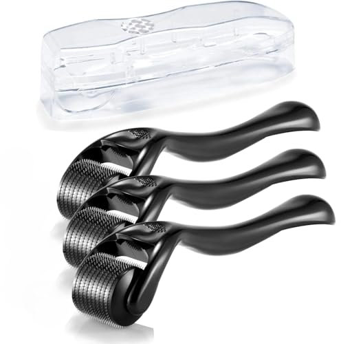 Boolavard Derma Roller Rouleau à micro-aiguilles pour le visage avec 3 tailles différentes (0,5 mm, 1 mm, 1,5 mm) Rouleau à barbe, rouleau de croissance des cheveux, soin de la peau, rouleau à