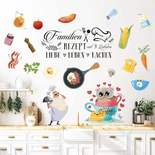 30 Stück | Wandtattoo Küche mit Sprüche Selbstklebend | Eule Koch Kaffee Tasse Gemüse Wandaufkleber | Essen Lebensmittel Wandsticker Wanddeko Geschenke für Küche Esszimmer Kühlschrank