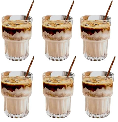 MUJUZE Gläser Set Große, 6 Stück Latte Macchiato Gläser Stapelbar,Glasses ideal für Eiskaffee, Eiscreme und Desserts,Vintage Ripple Design Latte Glas Set,Trinkgläser Set (320ML kaffeegläser Set)