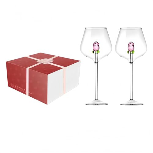 Set di bicchieri da vino rosa 3D, calici trasparenti di alta qualità, per vino rosso e champagne, calici unici con design floreale 3D, regalo di nozze per donne e uomini (2, 650 ml)