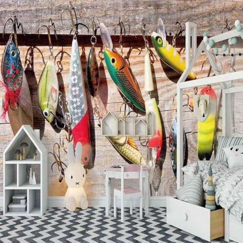 XLMING 3D Vintage Board Colourful Fish Hook Personalised 3D Wallpaper Home Study Office Grey Dining Room Sofa Bedroom Living Room TV Backdrop-350cm×256cm