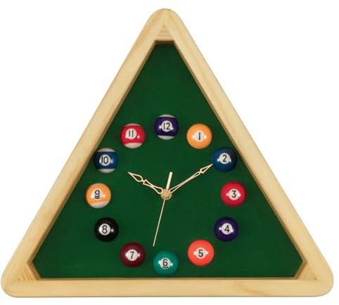 Foxtop Billard Uhr Wanduhr - 35 cm Dreieckige Pool Tisch Design mit Massivholzrahmen, Lautlose Analoguhr für Spielzimmer, Bar, Wohnzimmer Dekoration