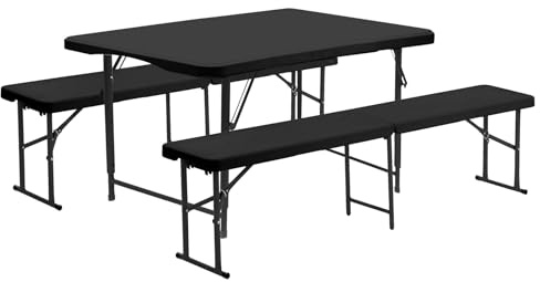 Harbour Housewares Höhenverstellbarer Klapptisch mit Bock & Bänke - 120cm (4ft) - Schwarz - 3pc Schwerlast Faltbar Tragbar Plastik Draussen Garten Esszimmermöbel