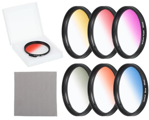 sourcing map 55mm Gradual Color Filter Kit, 6 Piece Filters for Camera Lens Accessory Set with Case and Lens Cleaning Cloth for SLR Camera Photography, Orange, Yellow, Blue, Purple, Red, Grey