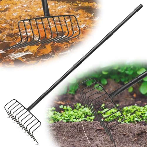 Rechen für Landschaftsbau, 168cm Garten Metallrechen mit 11 Zinken und Langer Stiel, Großer Gartenrechen zum Lockern von Boden und Nivellieren von Rasen,Laubbesen,Rasenrechen, Heurechen für Rasen.