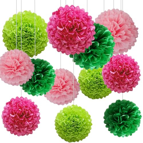 Lot de 12 Pompons Papier de soie Rose et Vert pour Décoration Suspendre de Plafond de Fête