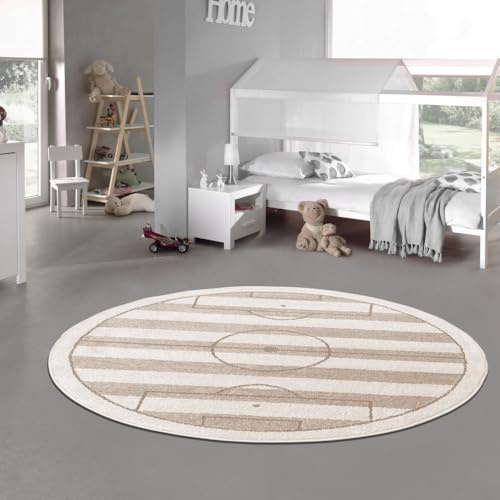 Teppich-Traum Kinderteppich Fußballfeld Creme Beige 120 cm Rund | Für Fußballfans, Hoch-Tief-Effekt, weicher Flor, pflegeleicht, strapazierfähig, OEKO-TEX, Kinderzimmer, 14 mm Florhöhe