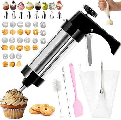 AEMCHDM Prensa de Pastelería para Galletas de Acero Inoxidable, Prensa de Pastelería para Hacer Tartas y Postres, Mangas Pastelerascon 16 Plantillas y 8 Boquillas, para Hornear Galletas DIY, Hornear