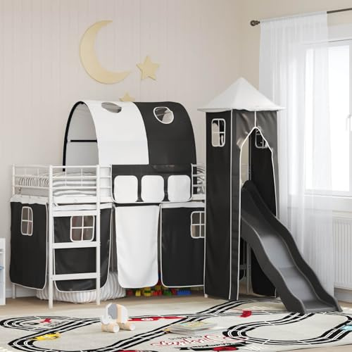 QJBSAVVA Hochbett Gestell Metall Weiß Schwarz 194x105x116 cm mit Rutsche Turm Vorhängen für Jugendzimmer Spielbett Modernes Design Robust für Kinder ab 6 Jahren